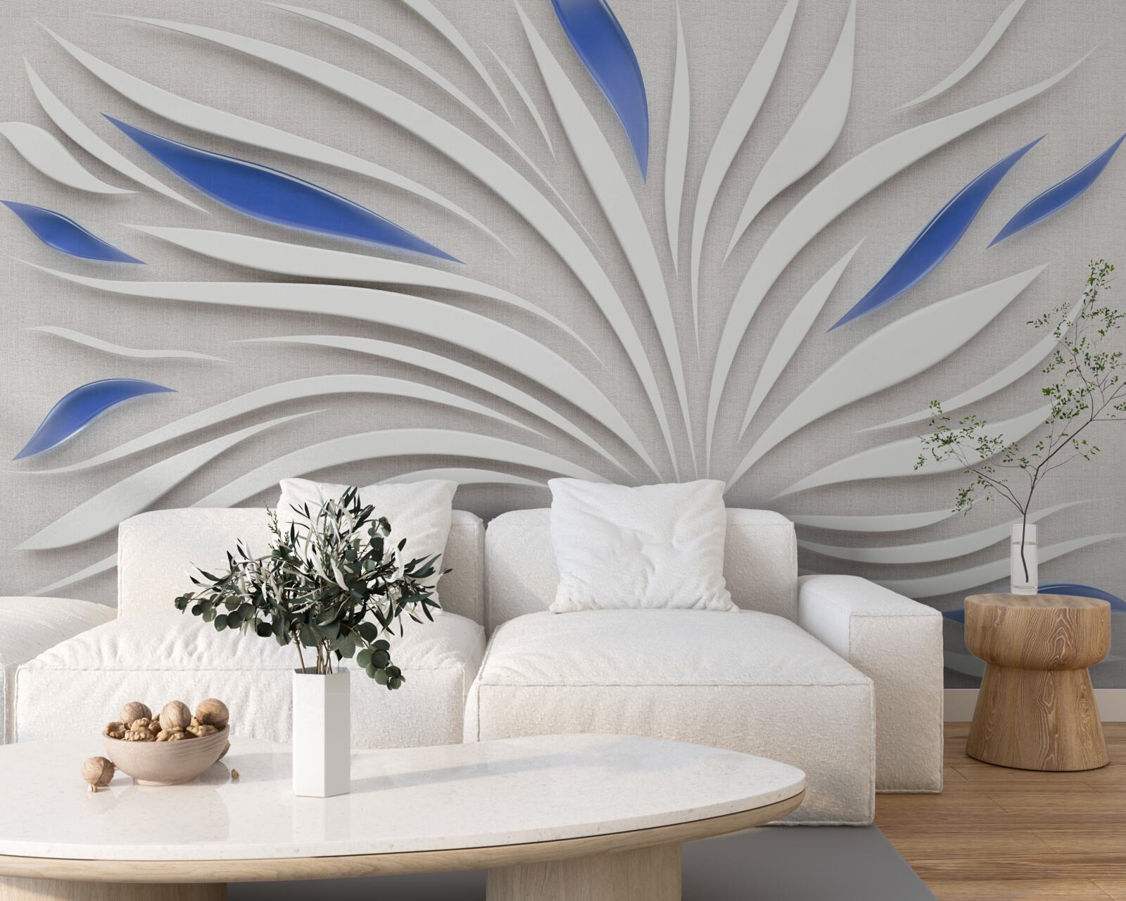 Papier peint fleur blanche abstraite avec pétales bleus