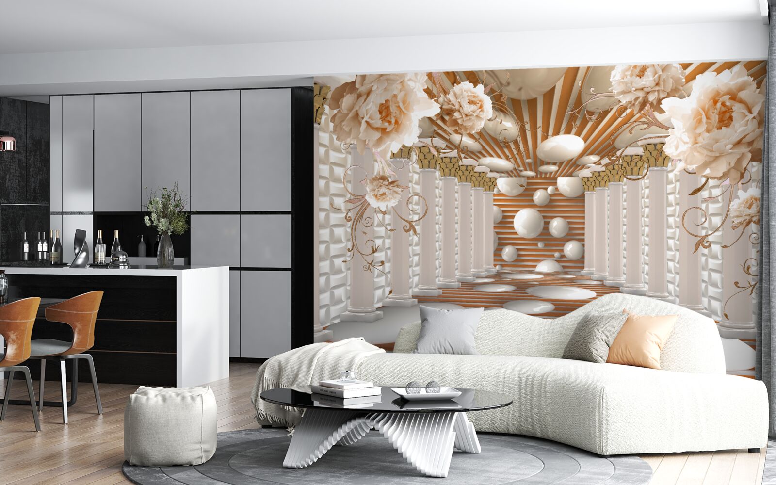 Papier peint tunnel abstrait décoré de fleurs et de boules