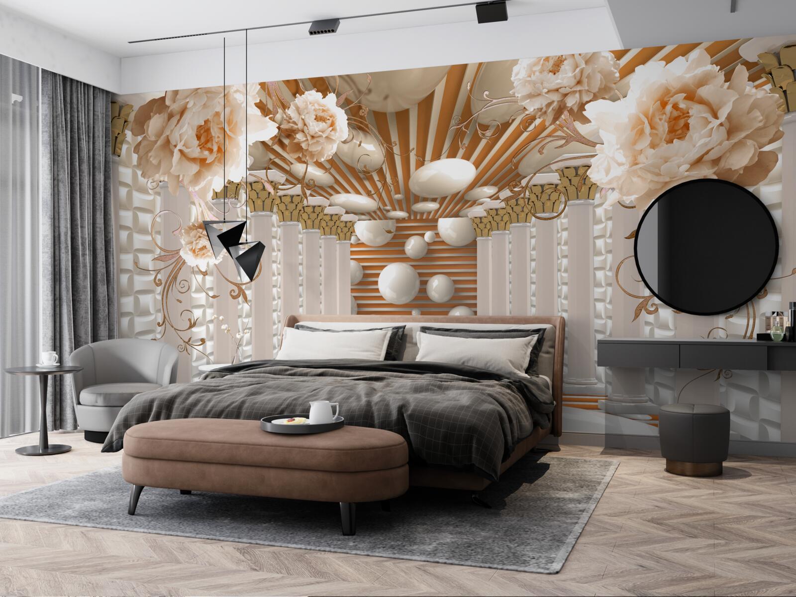 Papier peint tunnel abstrait décoré de fleurs et de boules