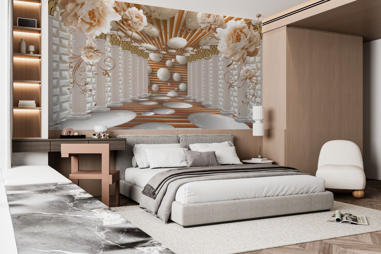 Papier peint tunnel abstrait décoré de fleurs et de boules