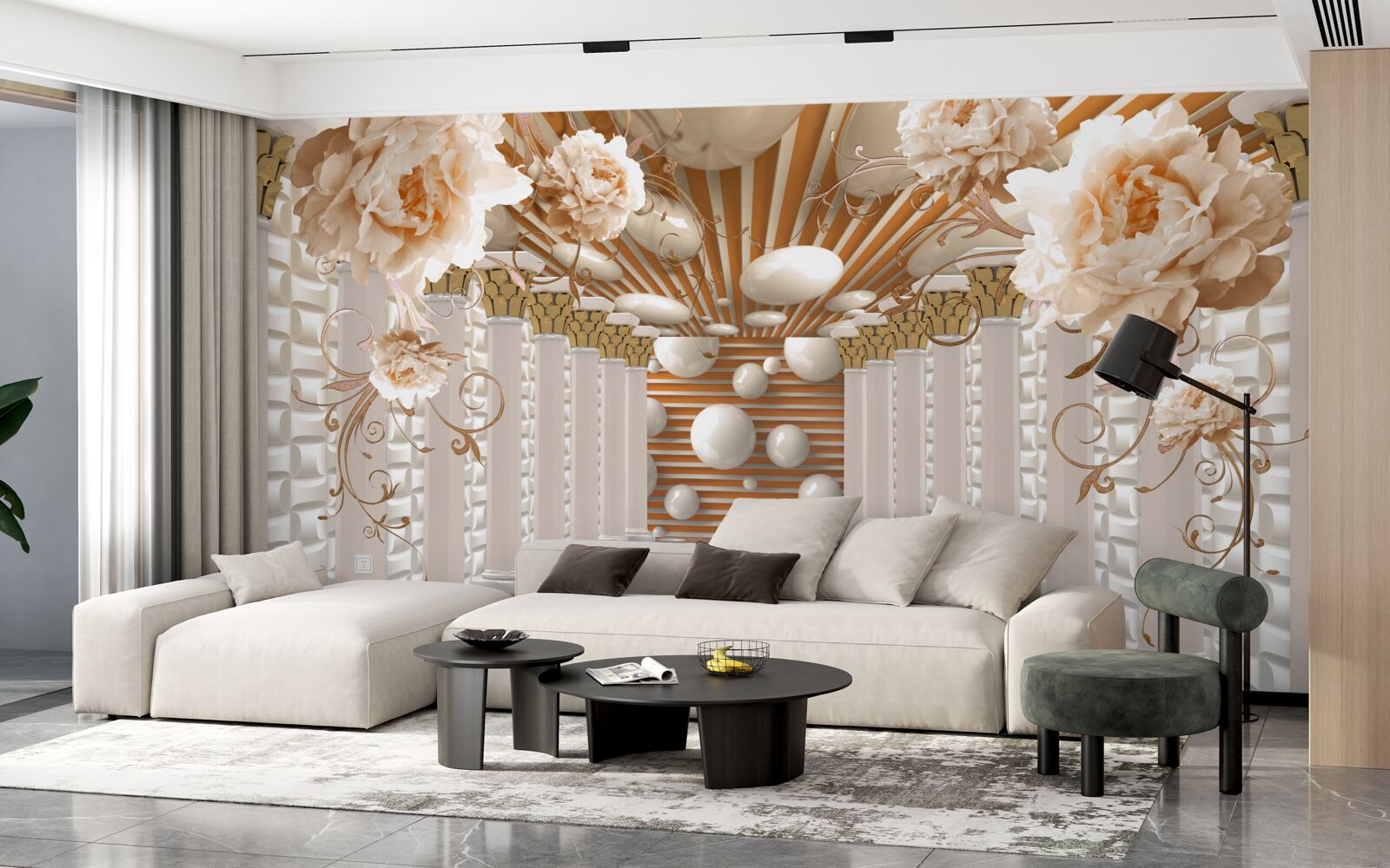 Papier peint tunnel abstrait décoré de fleurs et de boules