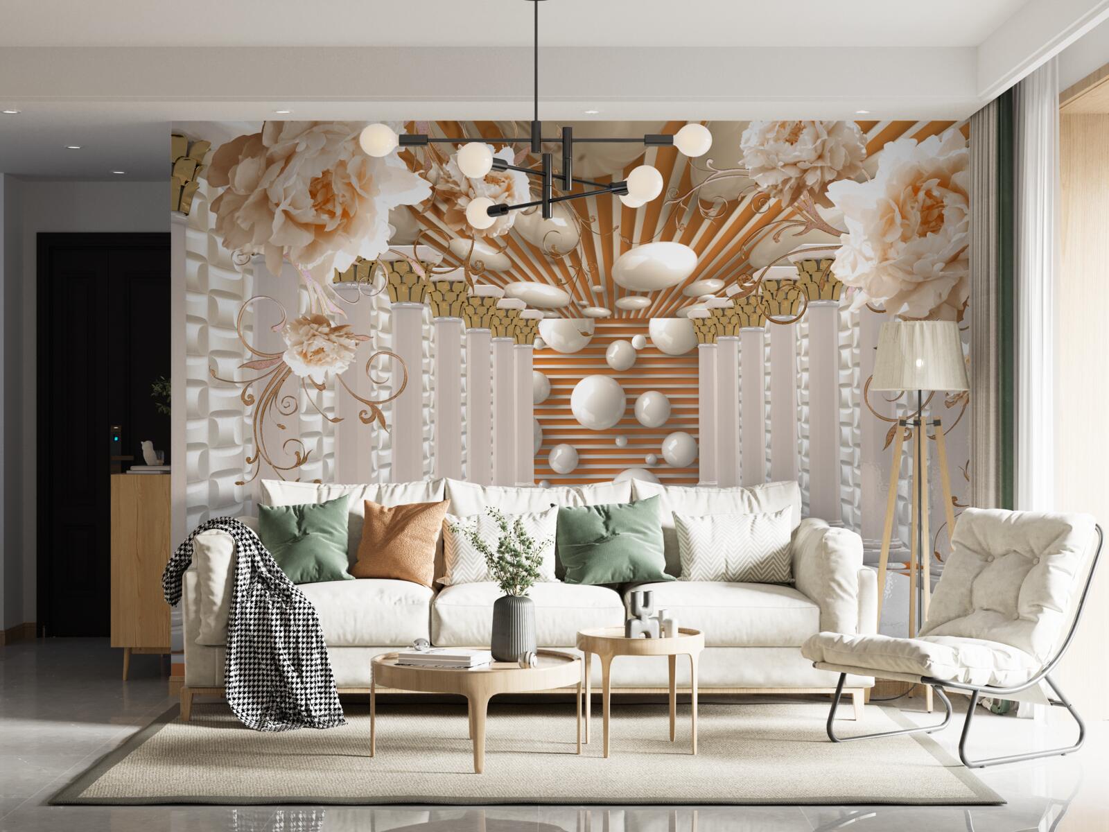 Papier peint tunnel abstrait décoré de fleurs et de boules