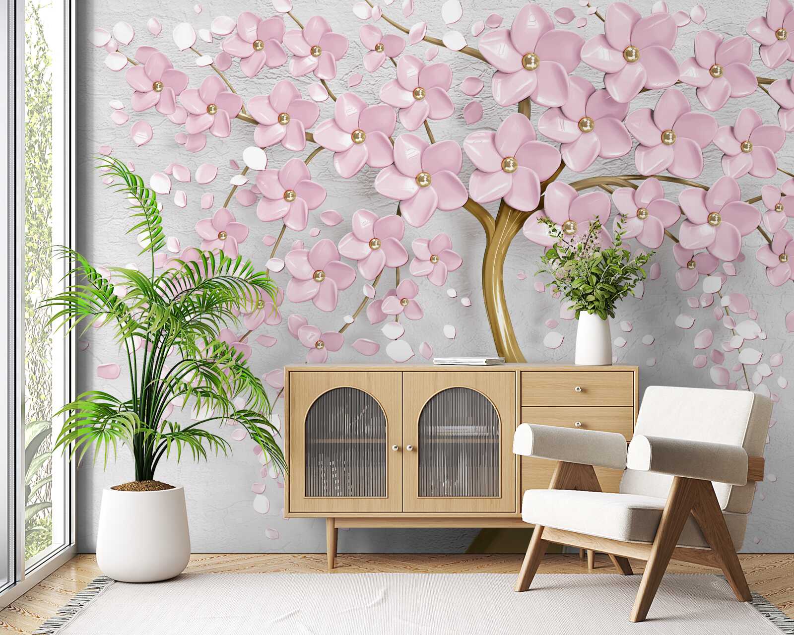 Papier peint arbre à fleurs avec des branches en surplomb