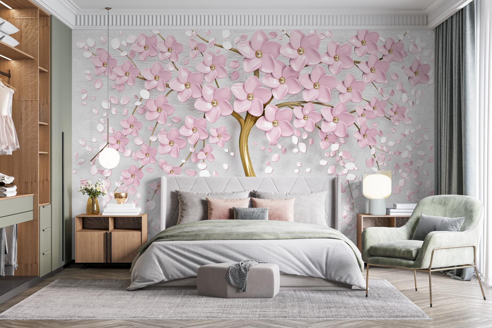 Papier peint arbre à fleurs avec des branches en surplomb