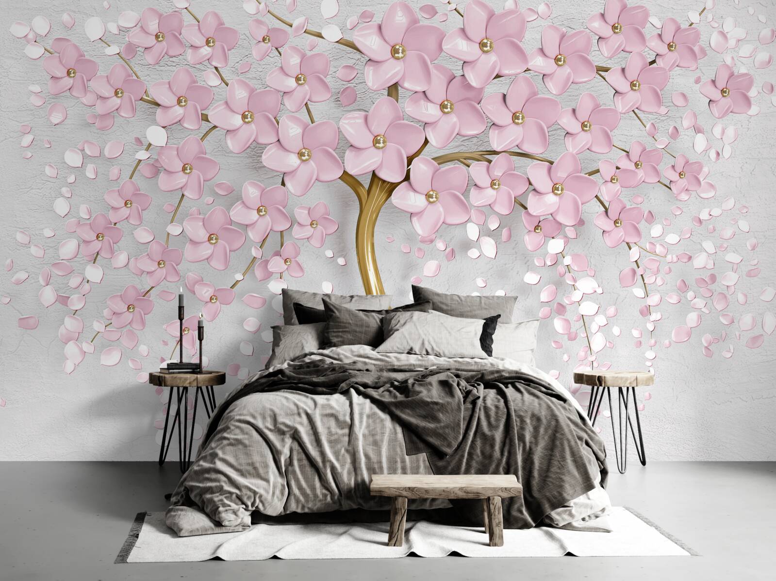 Papier peint arbre à fleurs avec des branches en surplomb