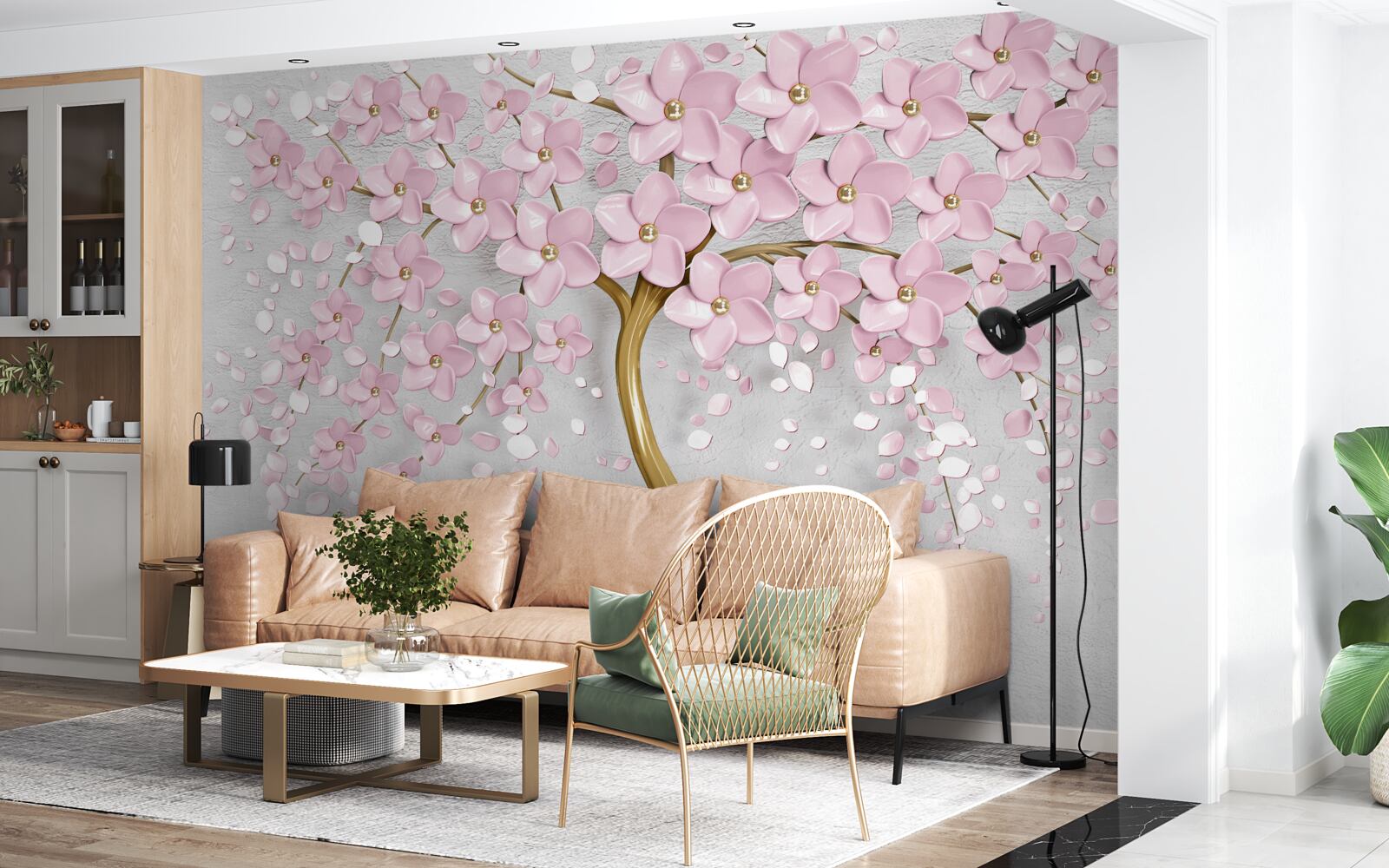 Papier peint arbre à fleurs avec des branches en surplomb