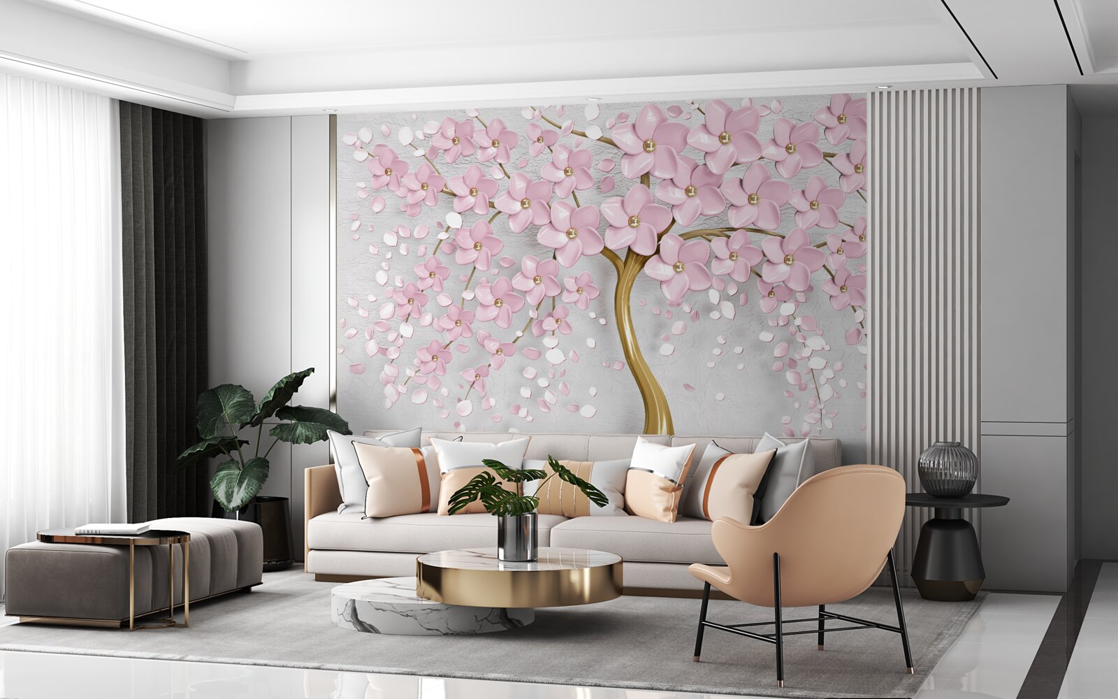 Papier peint arbre à fleurs avec des branches en surplomb