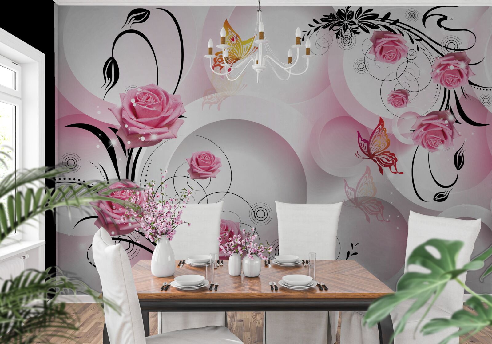 Papier peint bourgeons roses avec branches noires