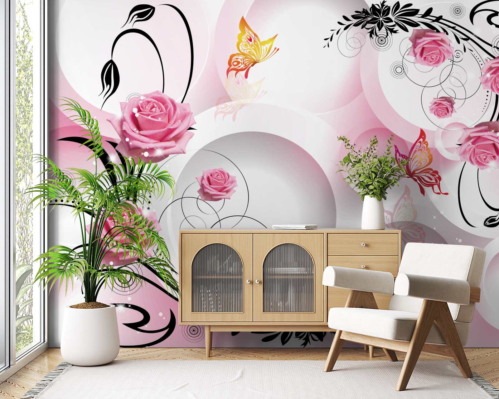 Papier peint bourgeons roses avec branches noires