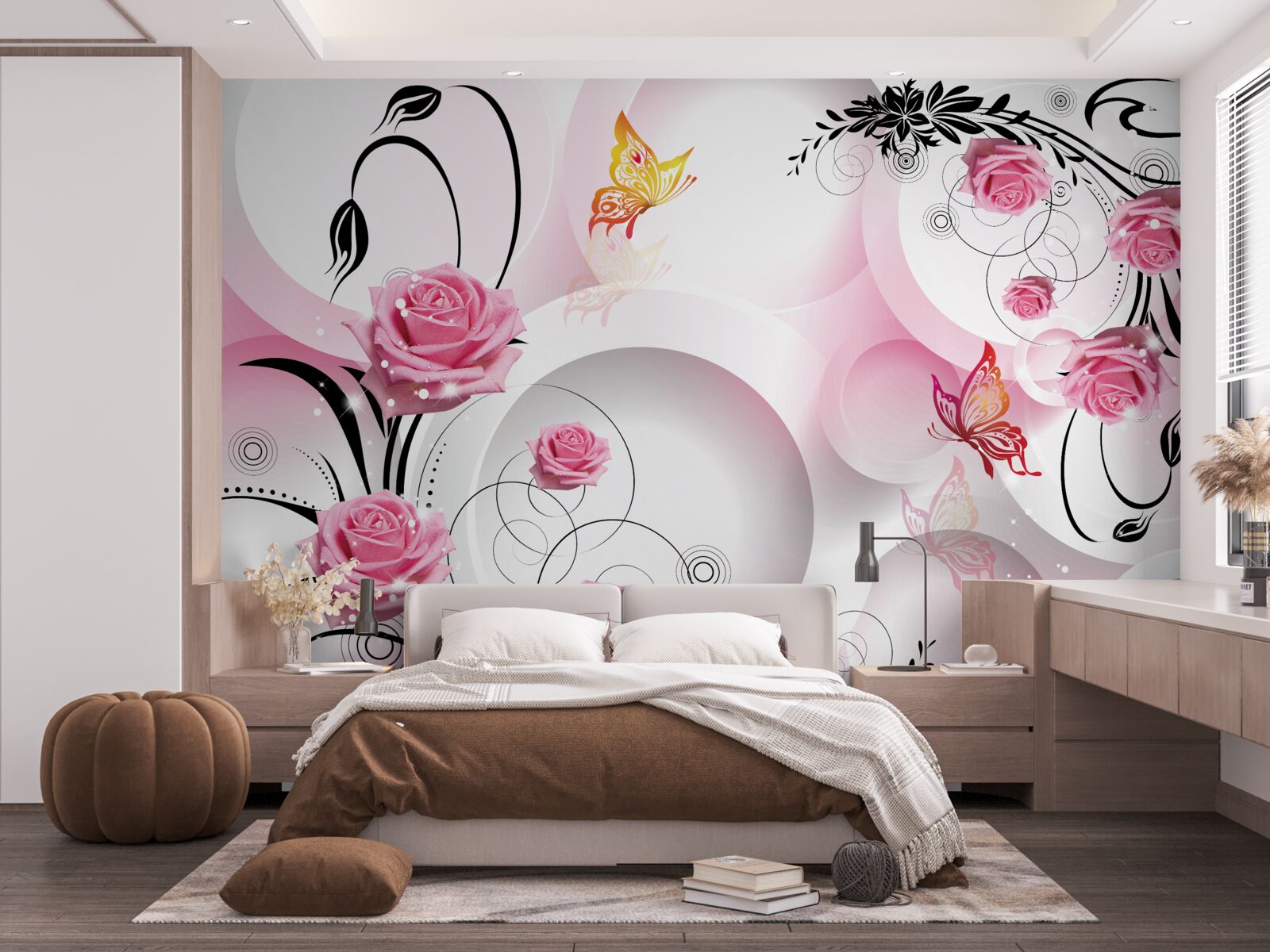 Papier peint bourgeons roses avec branches noires