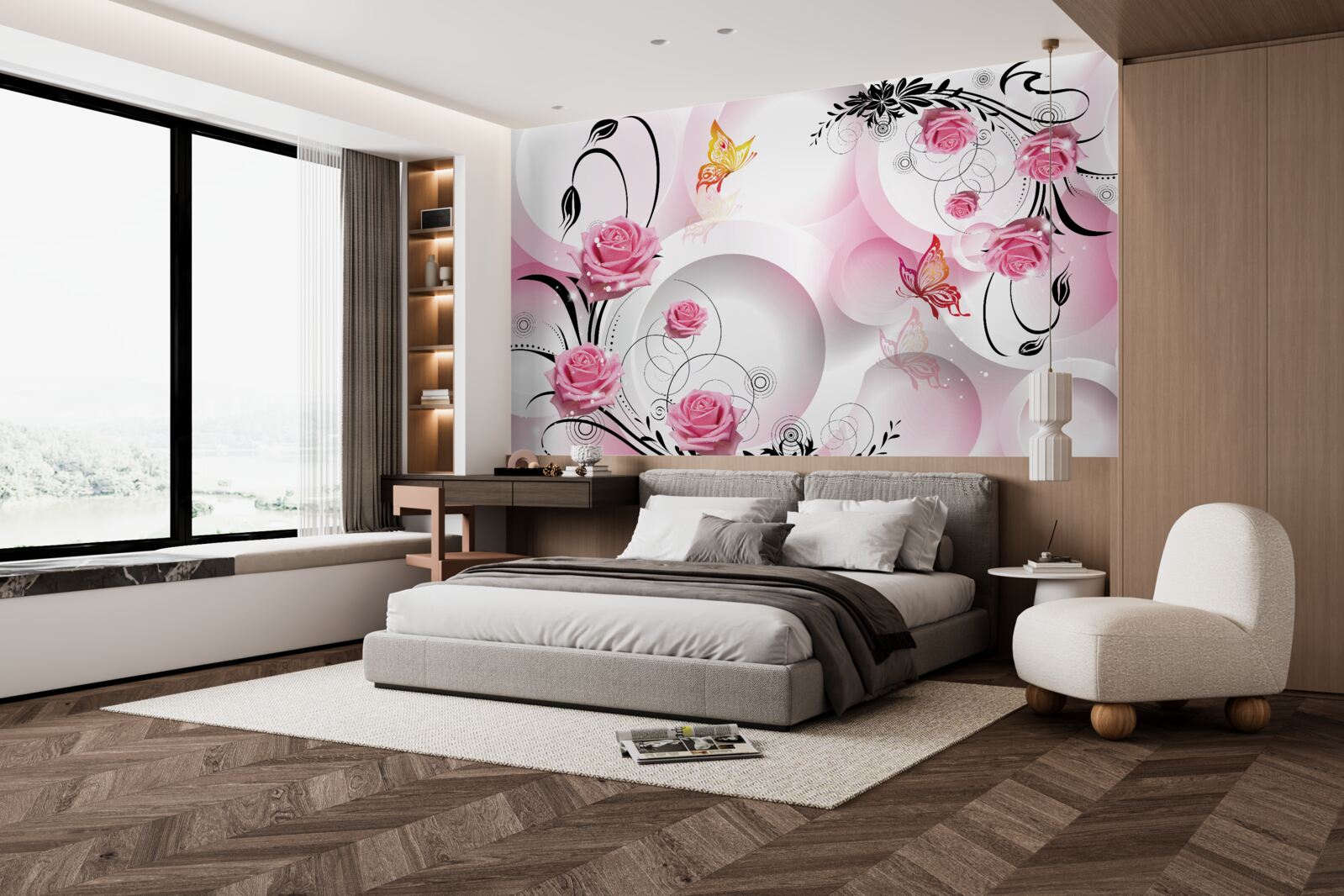 Papier peint bourgeons roses avec branches noires