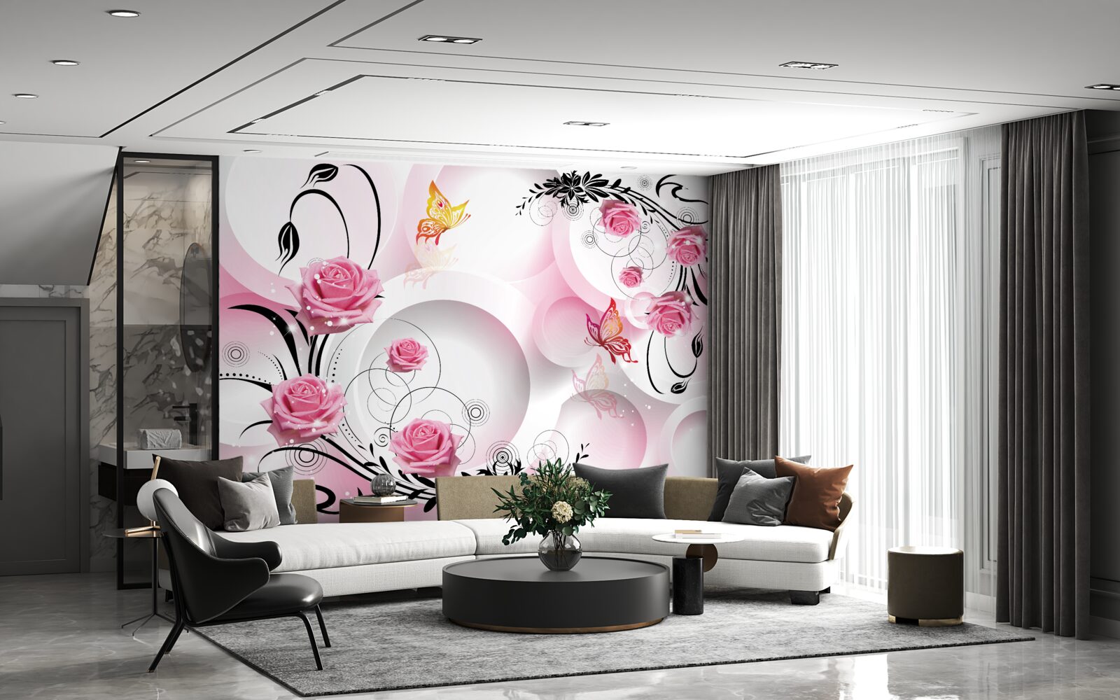 Papier peint bourgeons roses avec branches noires