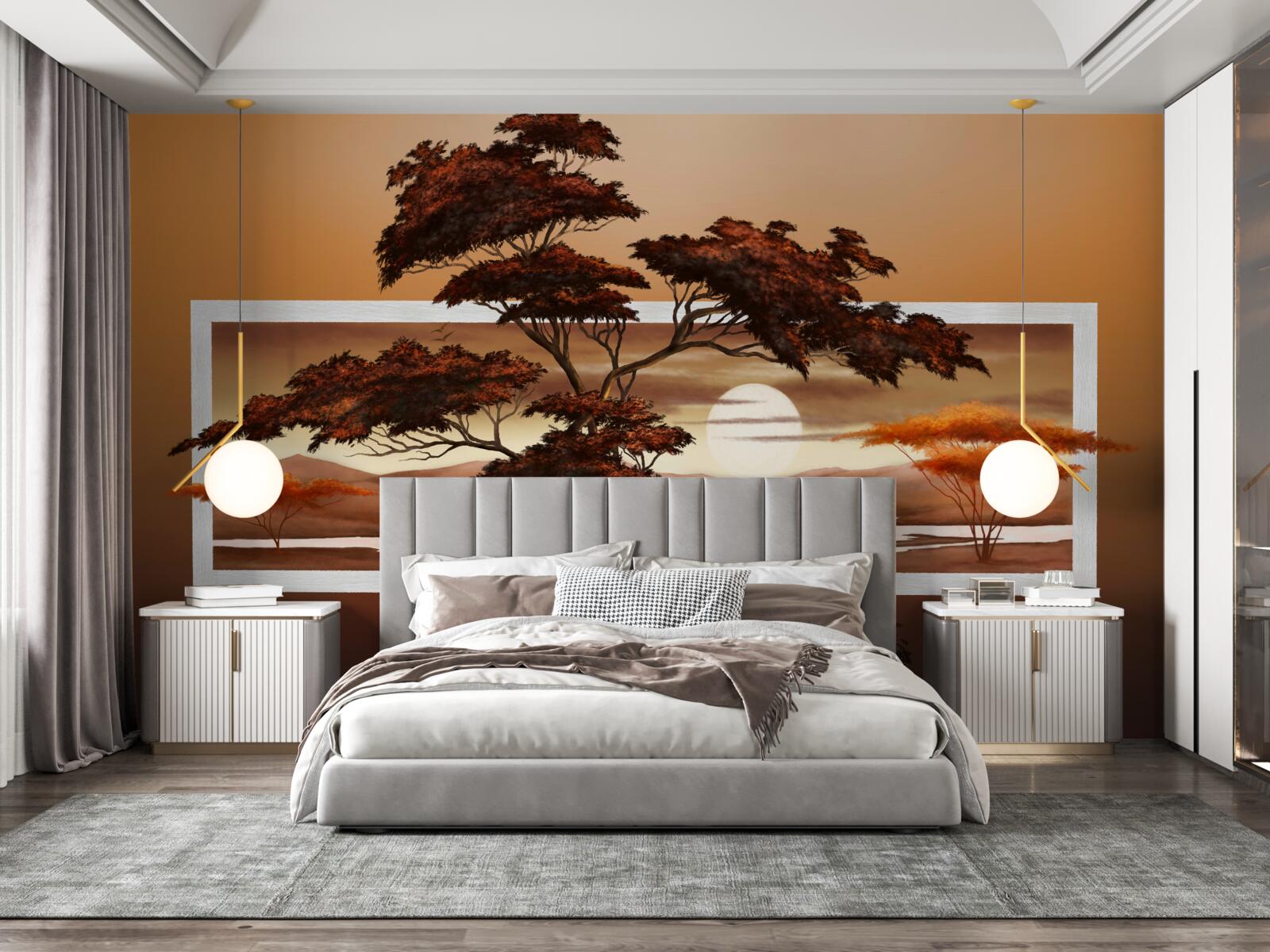 Papier peint Le soleil se couche sur les bonsaïs