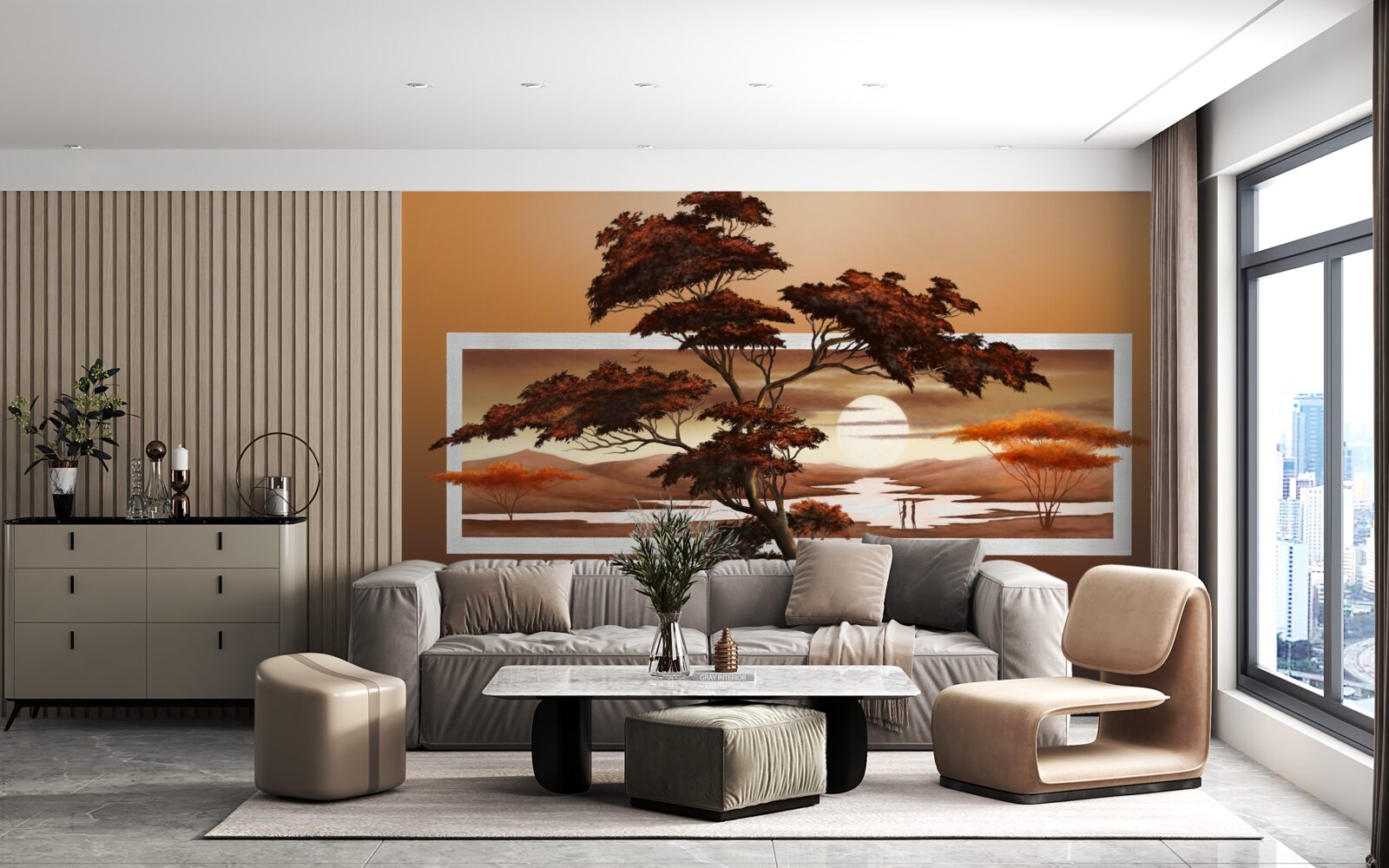 Papier peint Le soleil se couche sur les bonsaïs