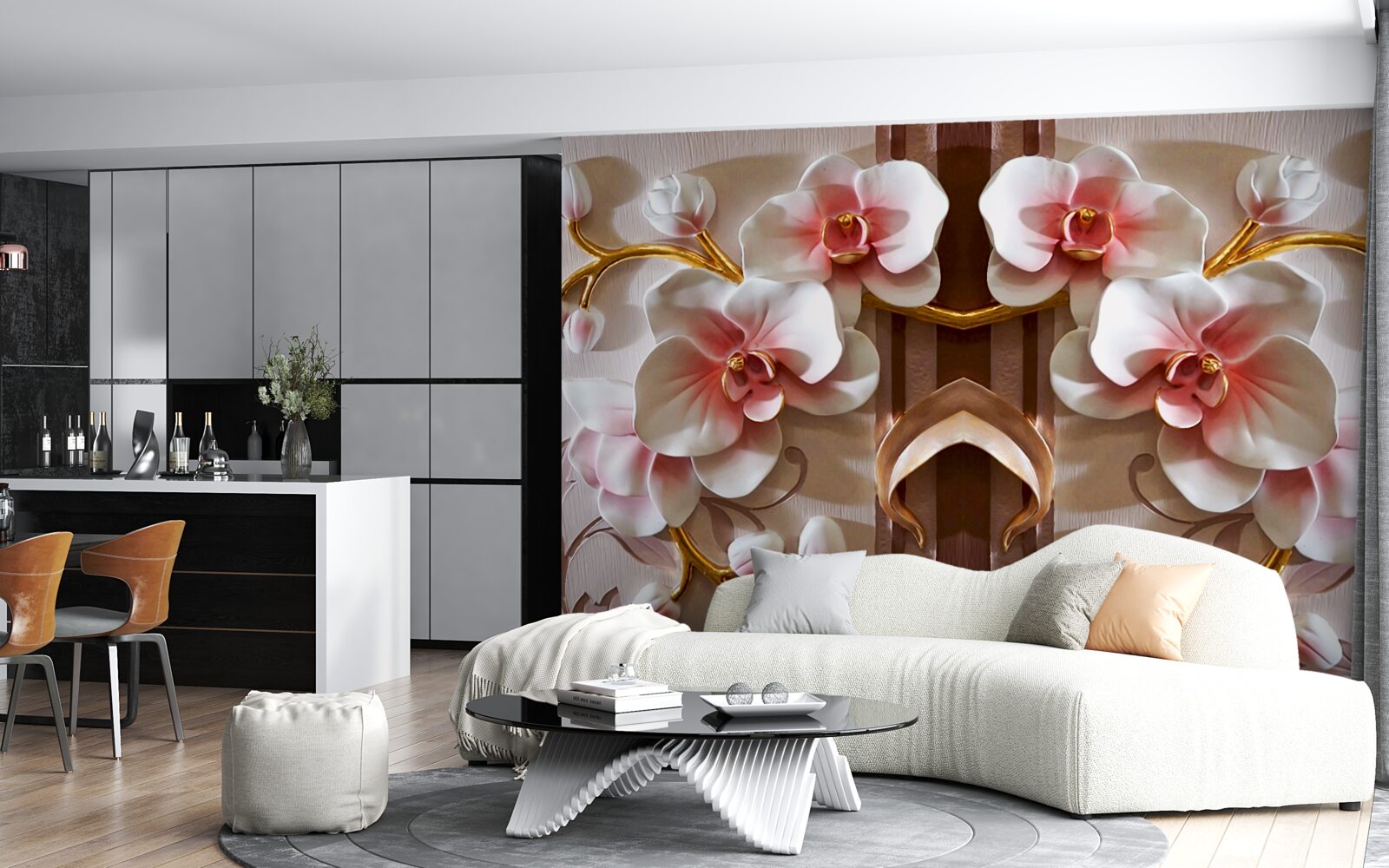 Papier peint les orchidées blanches se détachent délicatement sur l'or des branches