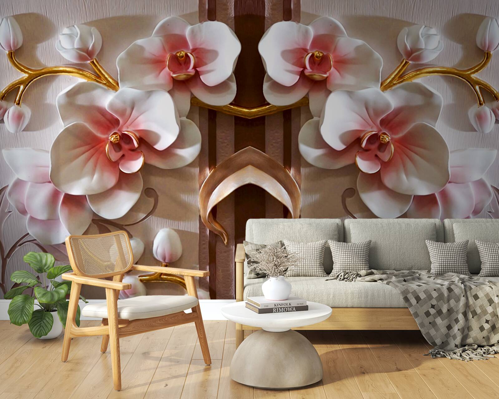 Papier peint les orchidées blanches se détachent délicatement sur l'or des branches