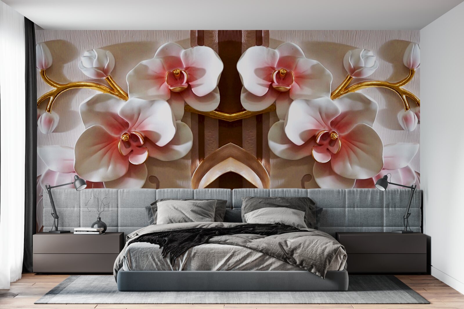 Papier peint les orchidées blanches se détachent délicatement sur l'or des branches