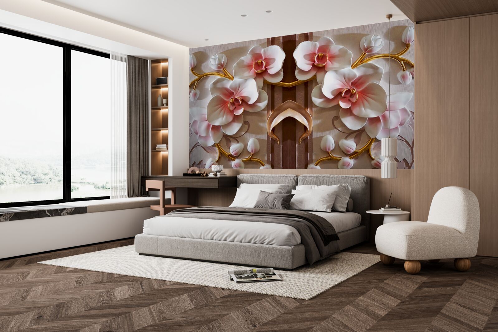 Papier peint les orchidées blanches se détachent délicatement sur l'or des branches