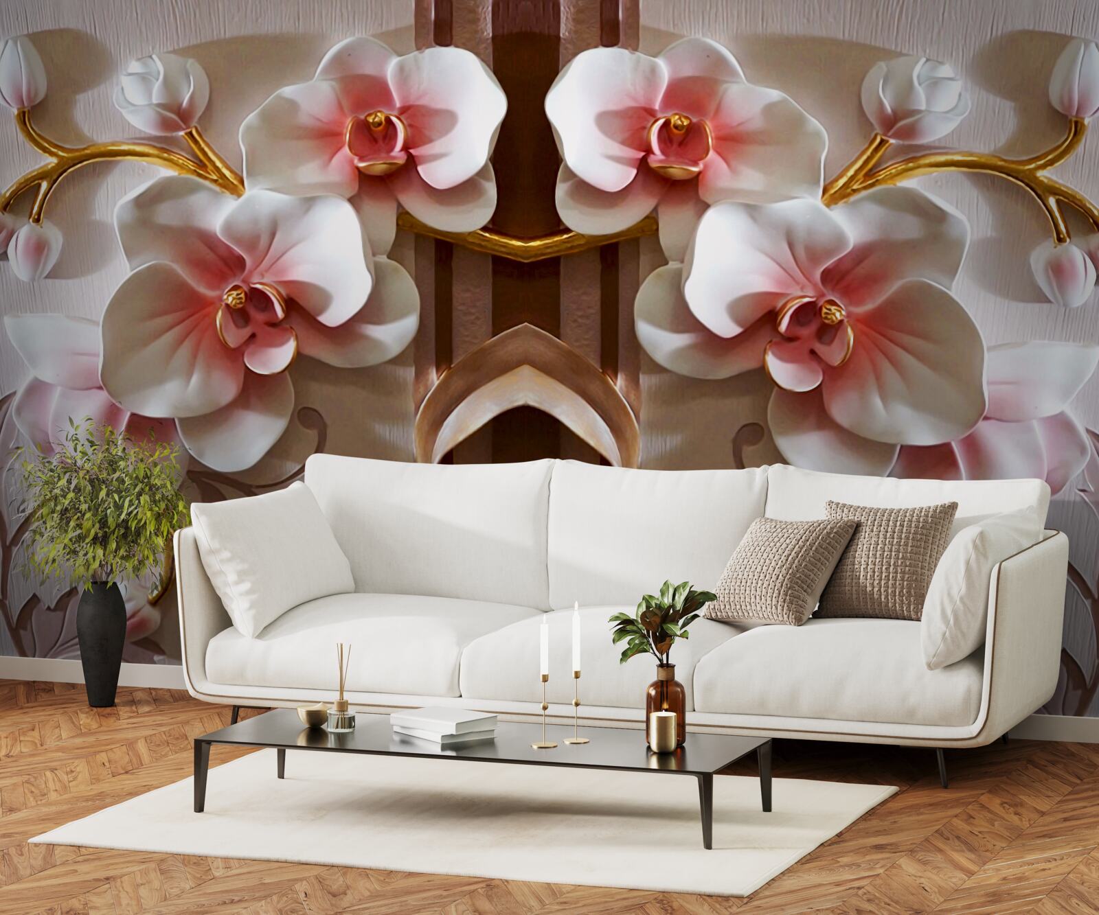 Papier peint les orchidées blanches se détachent délicatement sur l'or des branches