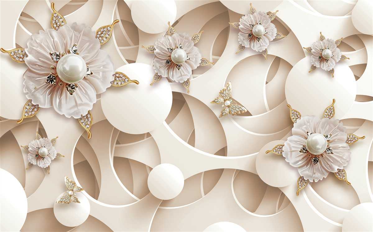 Papier peint bourgeons blanc perle avec perles blanches