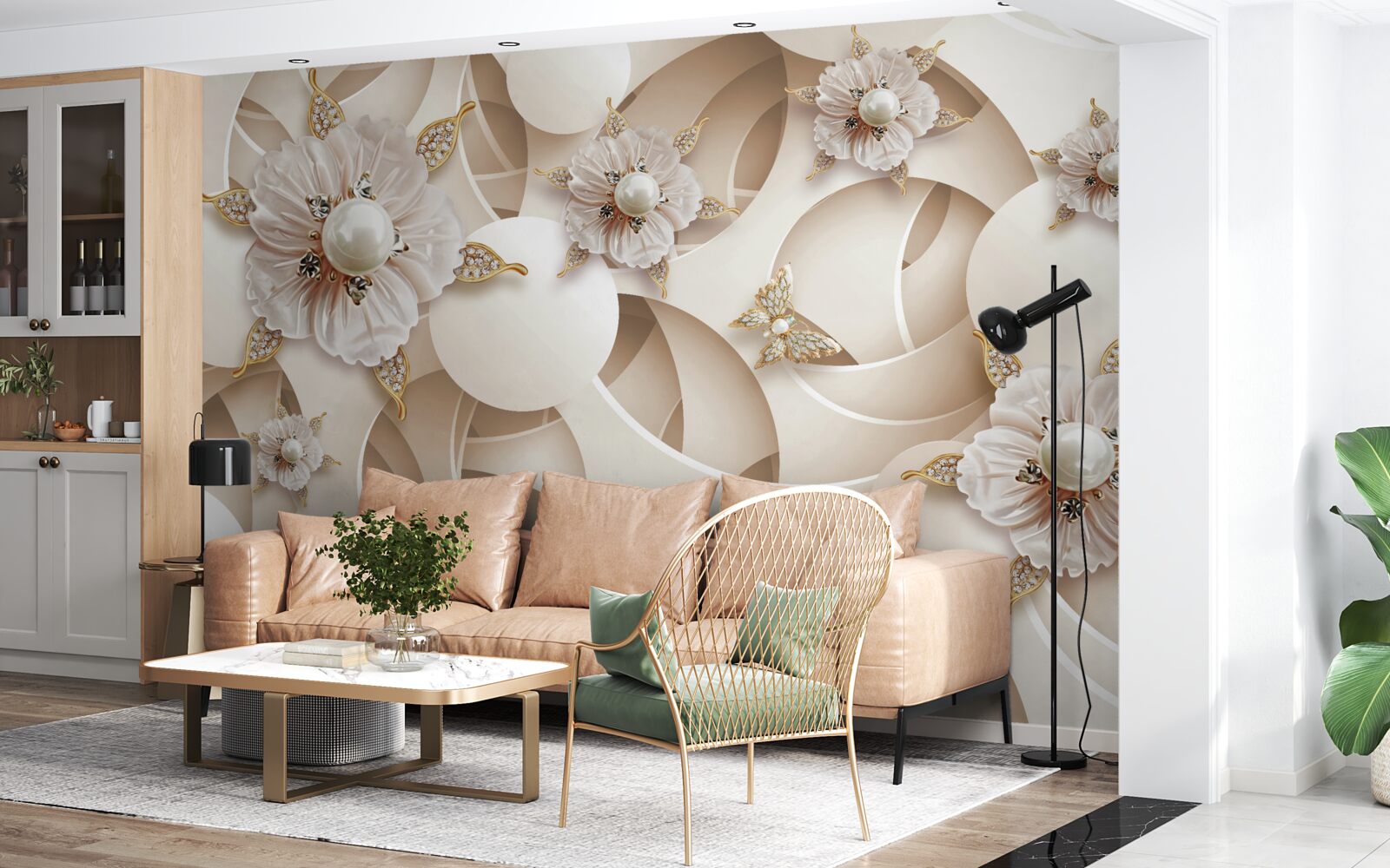 Papier peint bourgeons blanc perle avec perles blanches