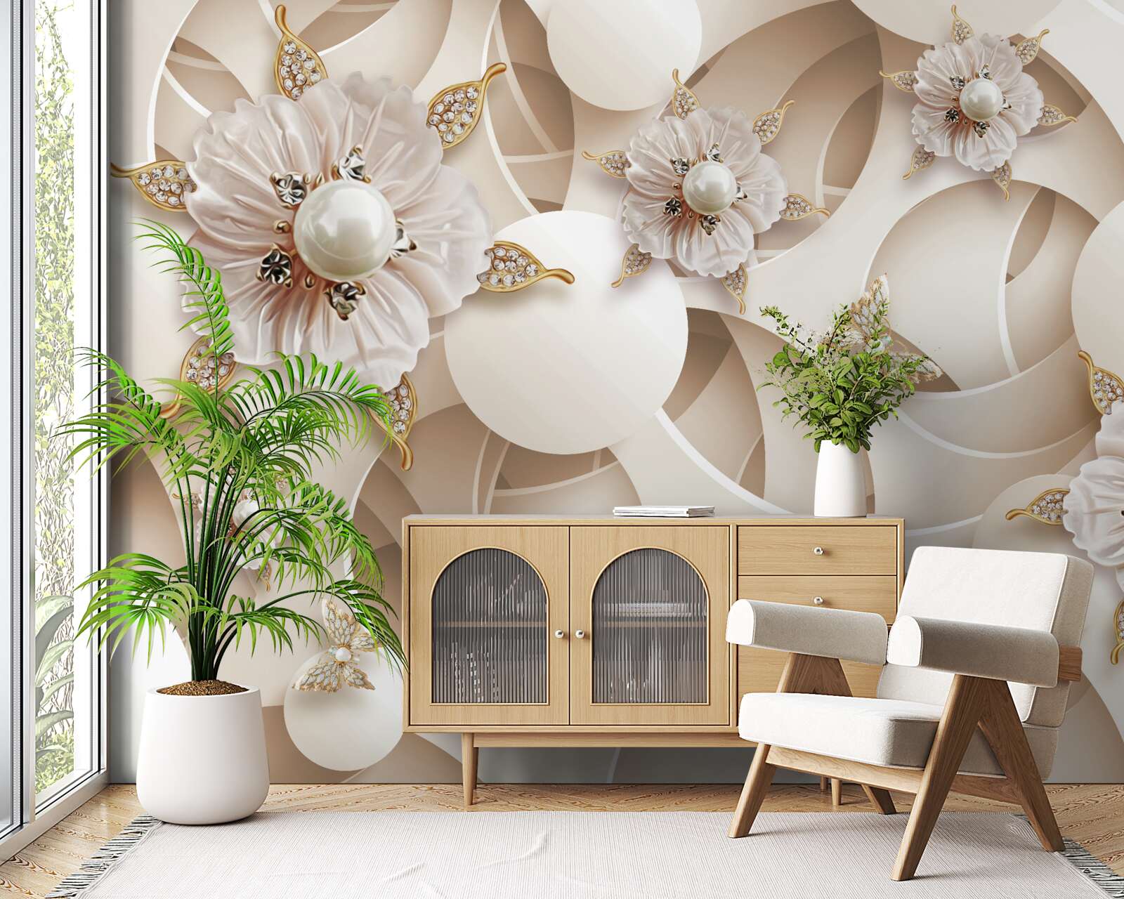 Papier peint bourgeons blanc perle avec perles blanches