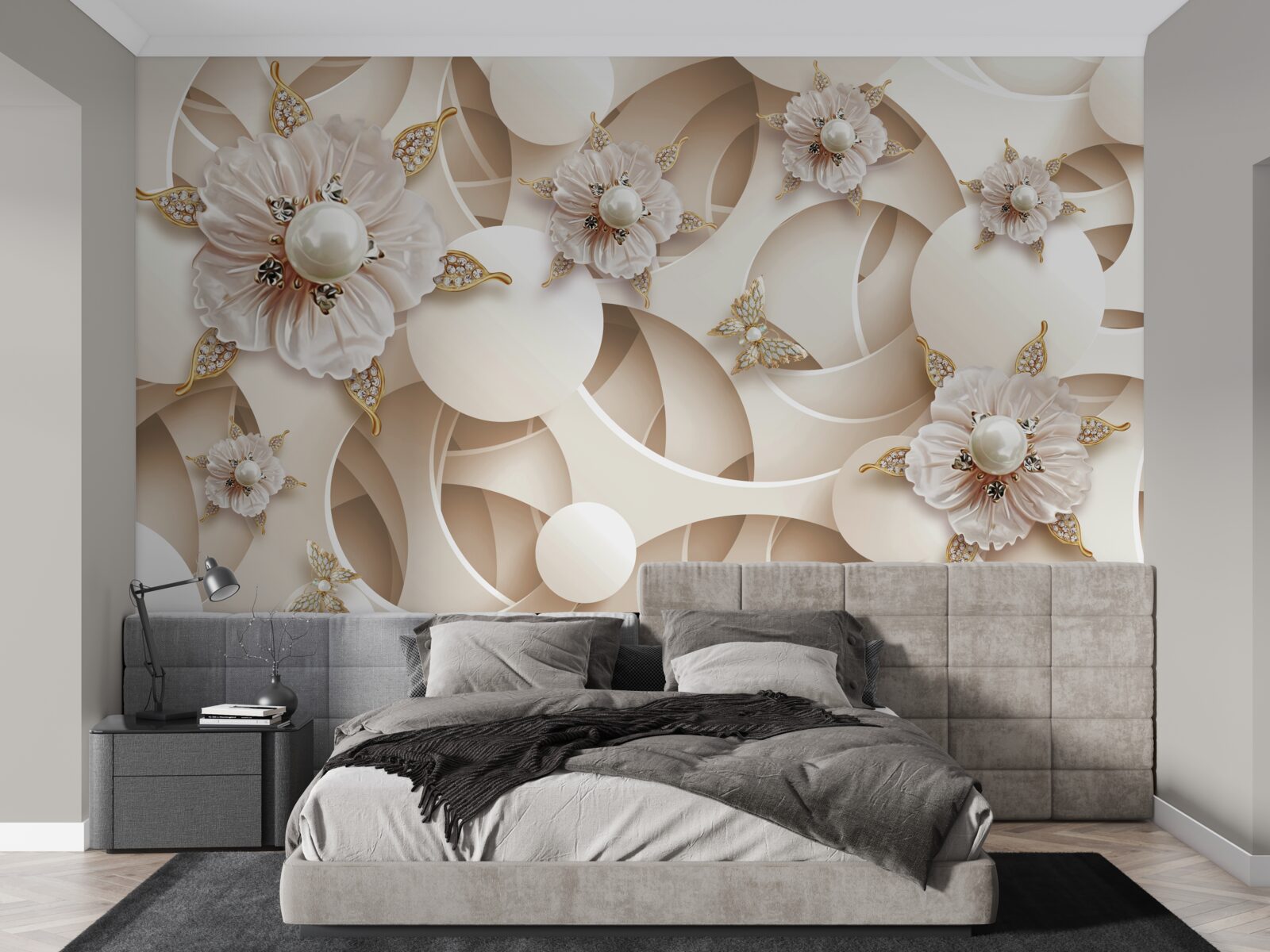 Papier peint bourgeons blanc perle avec perles blanches