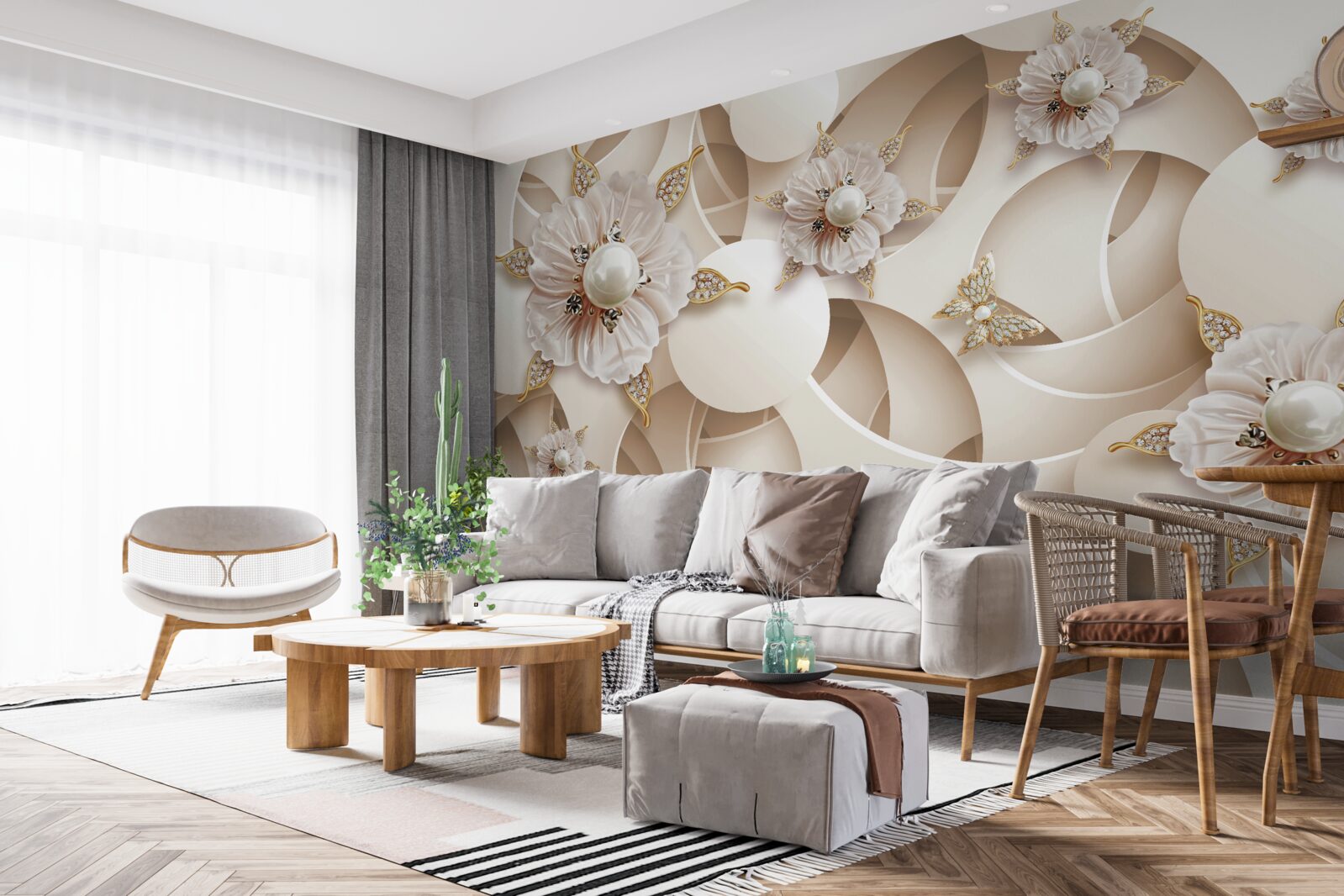 Papier peint bourgeons blanc perle avec perles blanches