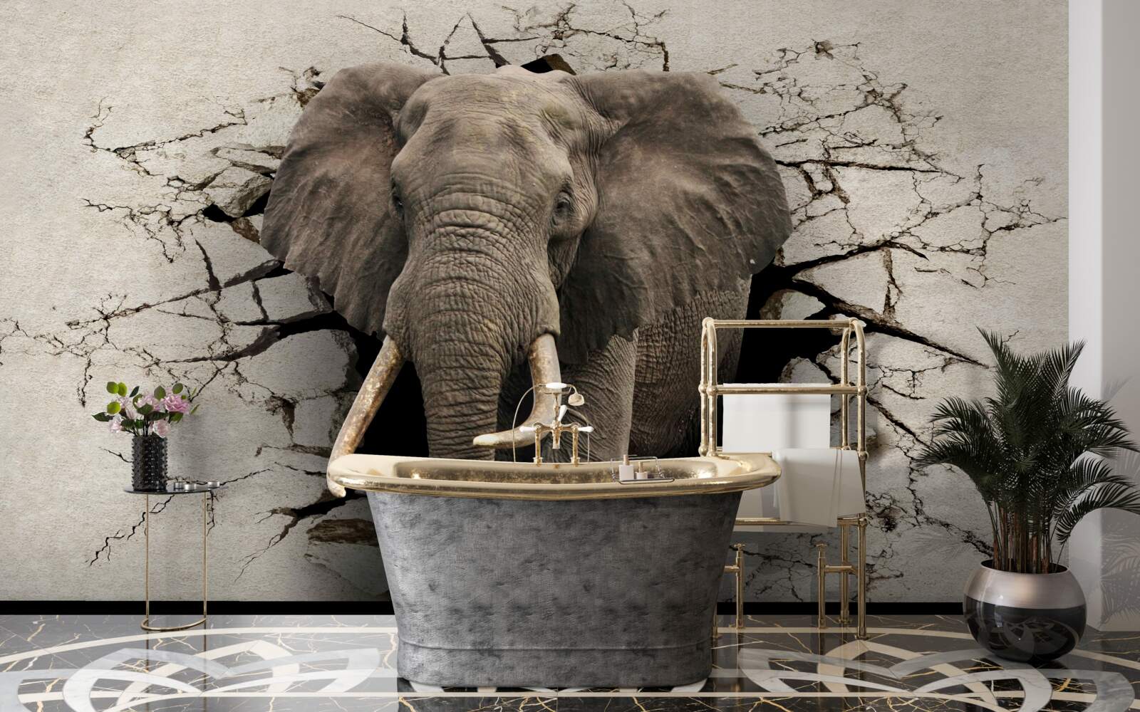 Papier peint l'éléphant fort détruit la barrière grise