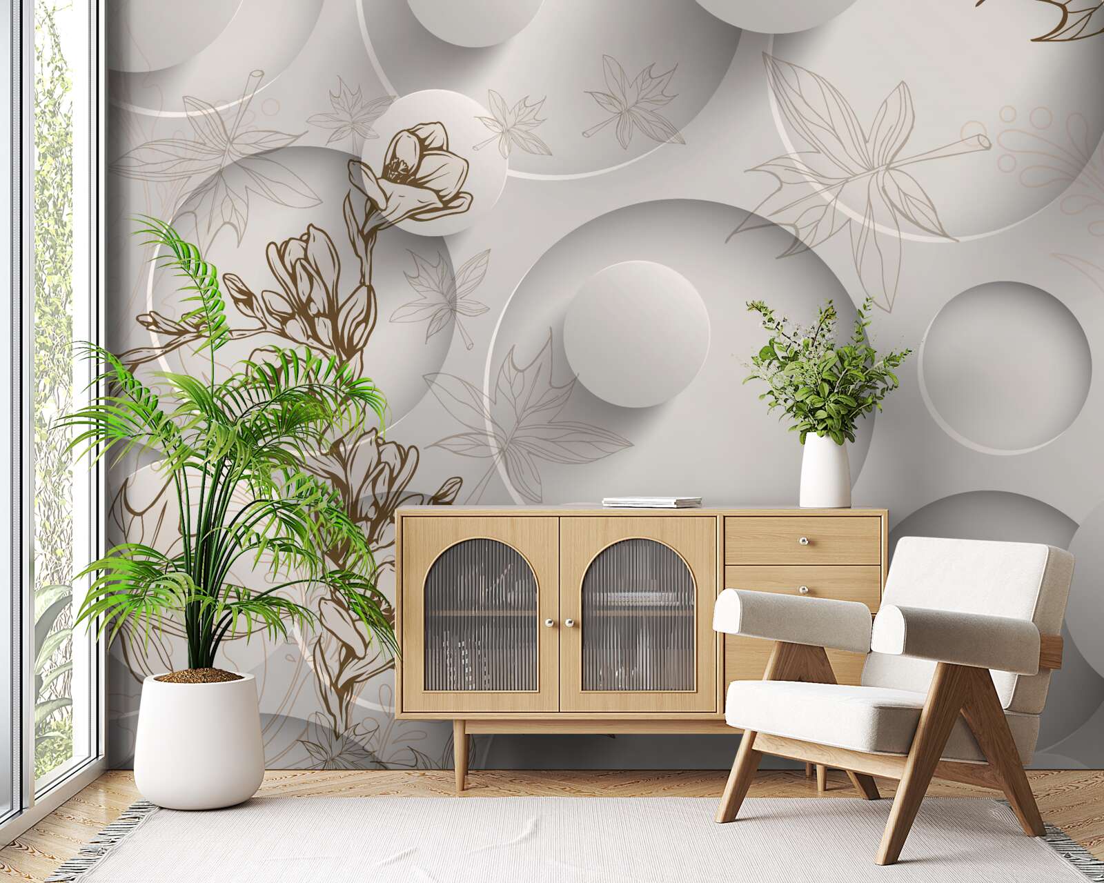 Papier peint les arbres ont des branches dorées sur un fond de formes rondes