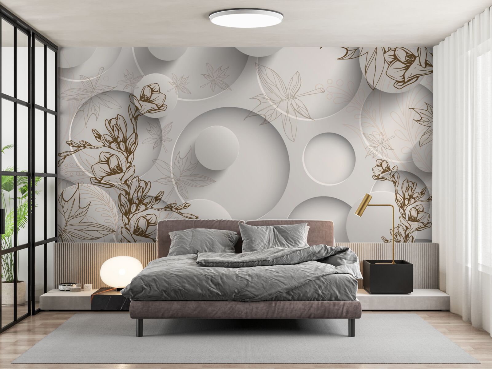 Papier peint les arbres ont des branches dorées sur un fond de formes rondes