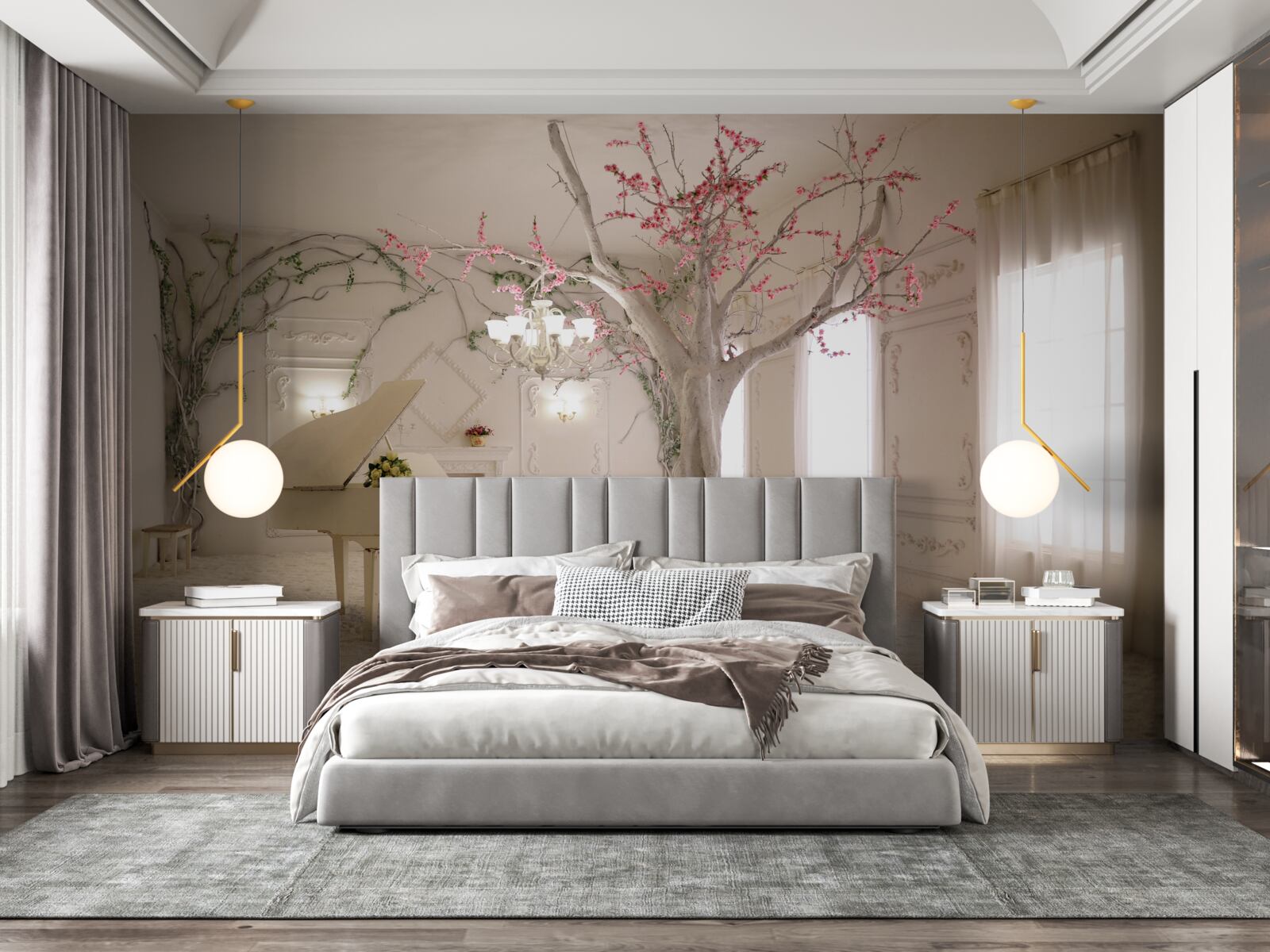 Papier peint au milieu de la pièce, il y a un piano et un arbre