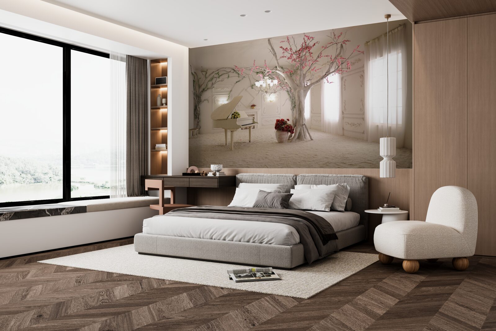 Papier peint au milieu de la pièce, il y a un piano et un arbre