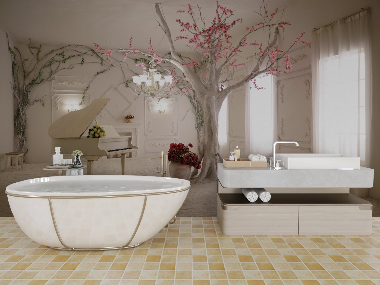 Papier peint au milieu de la pièce, il y a un piano et un arbre