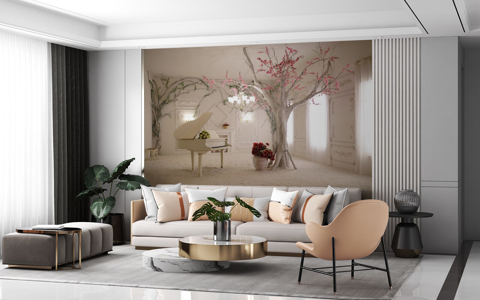 Papier peint au milieu de la pièce, il y a un piano et un arbre