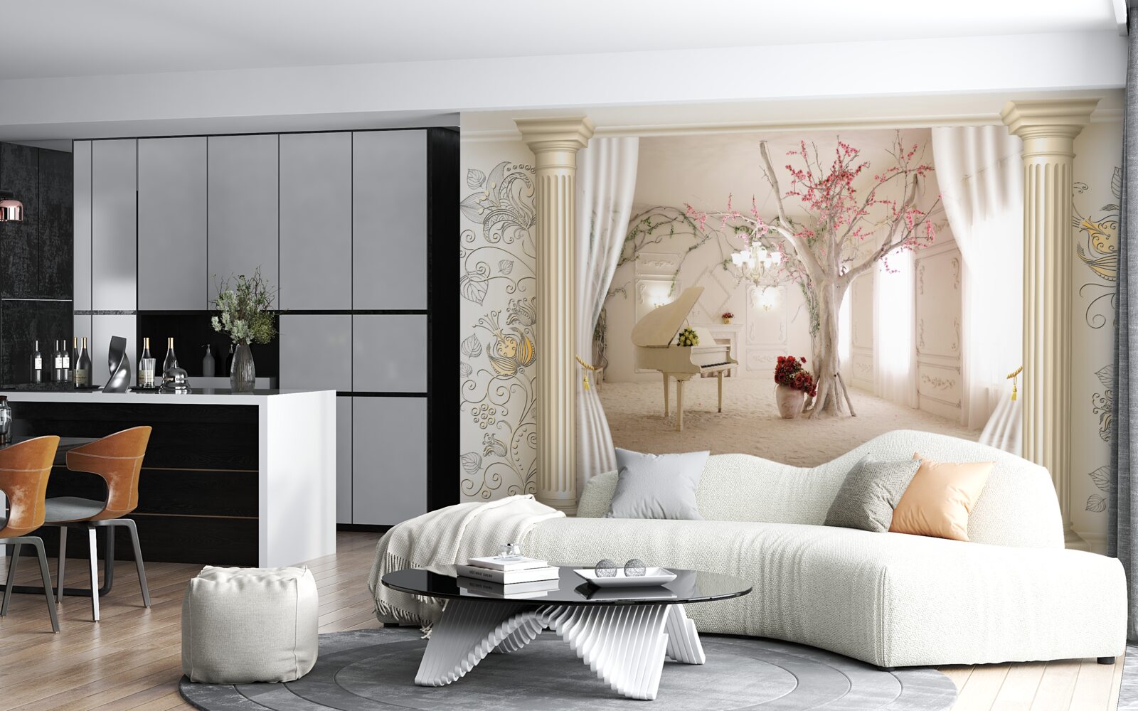 Papier peint salon confortable en bois véritable