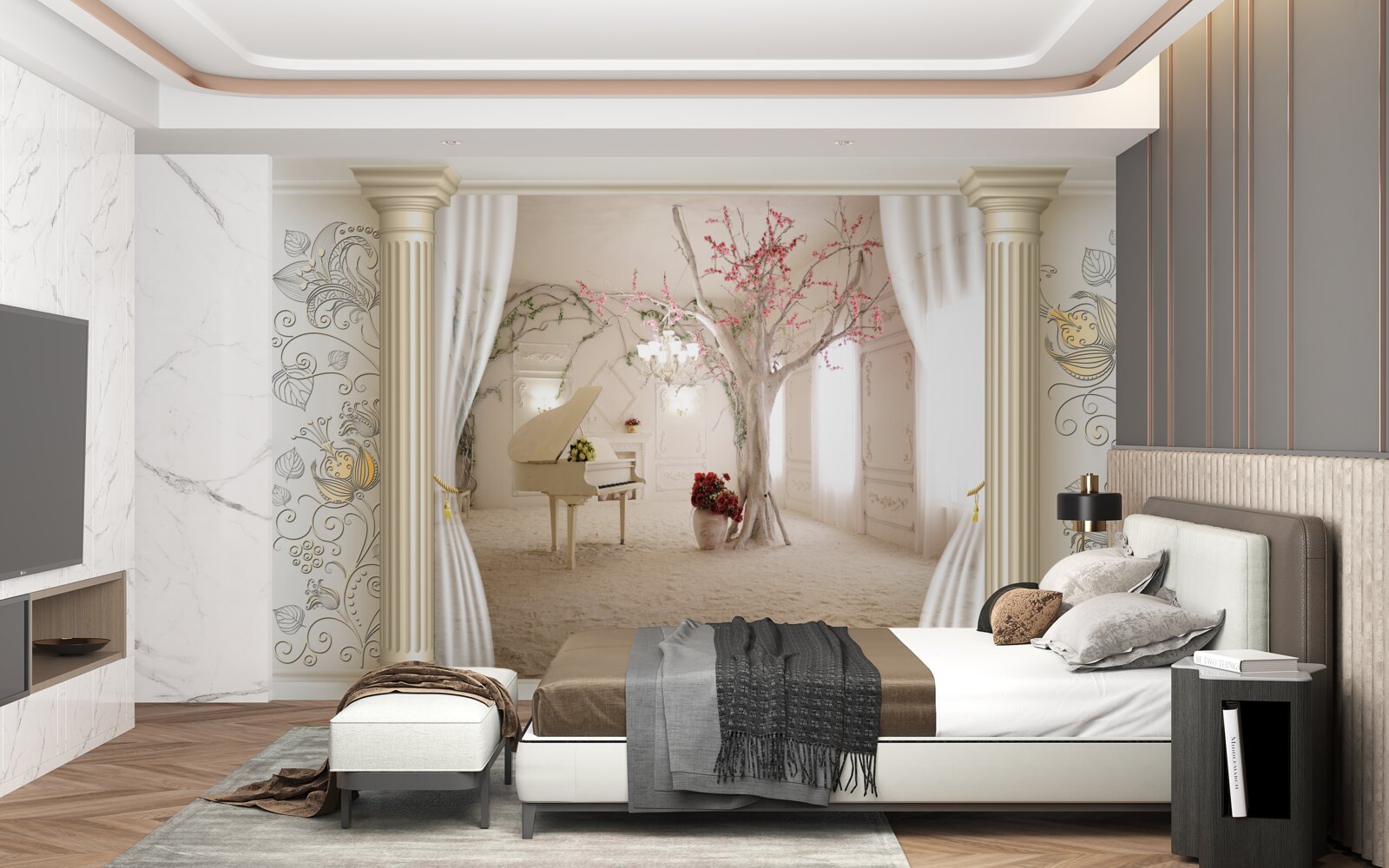 Papier peint salon confortable en bois véritable