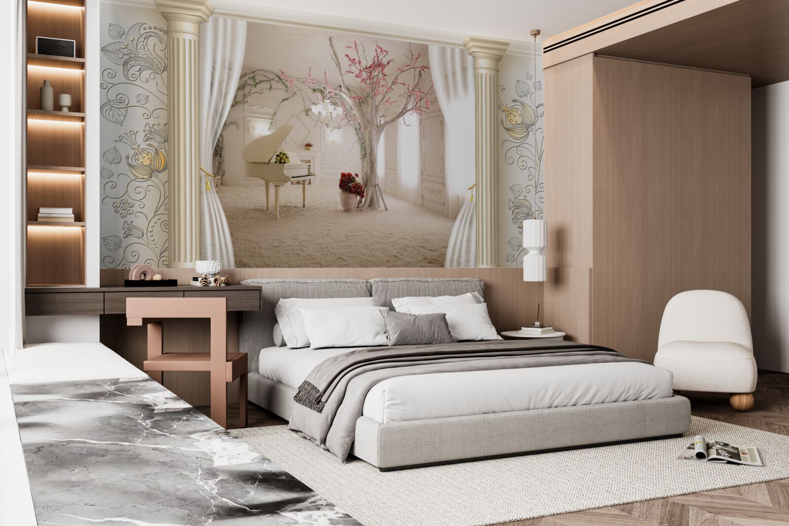 Papier peint salon confortable en bois véritable