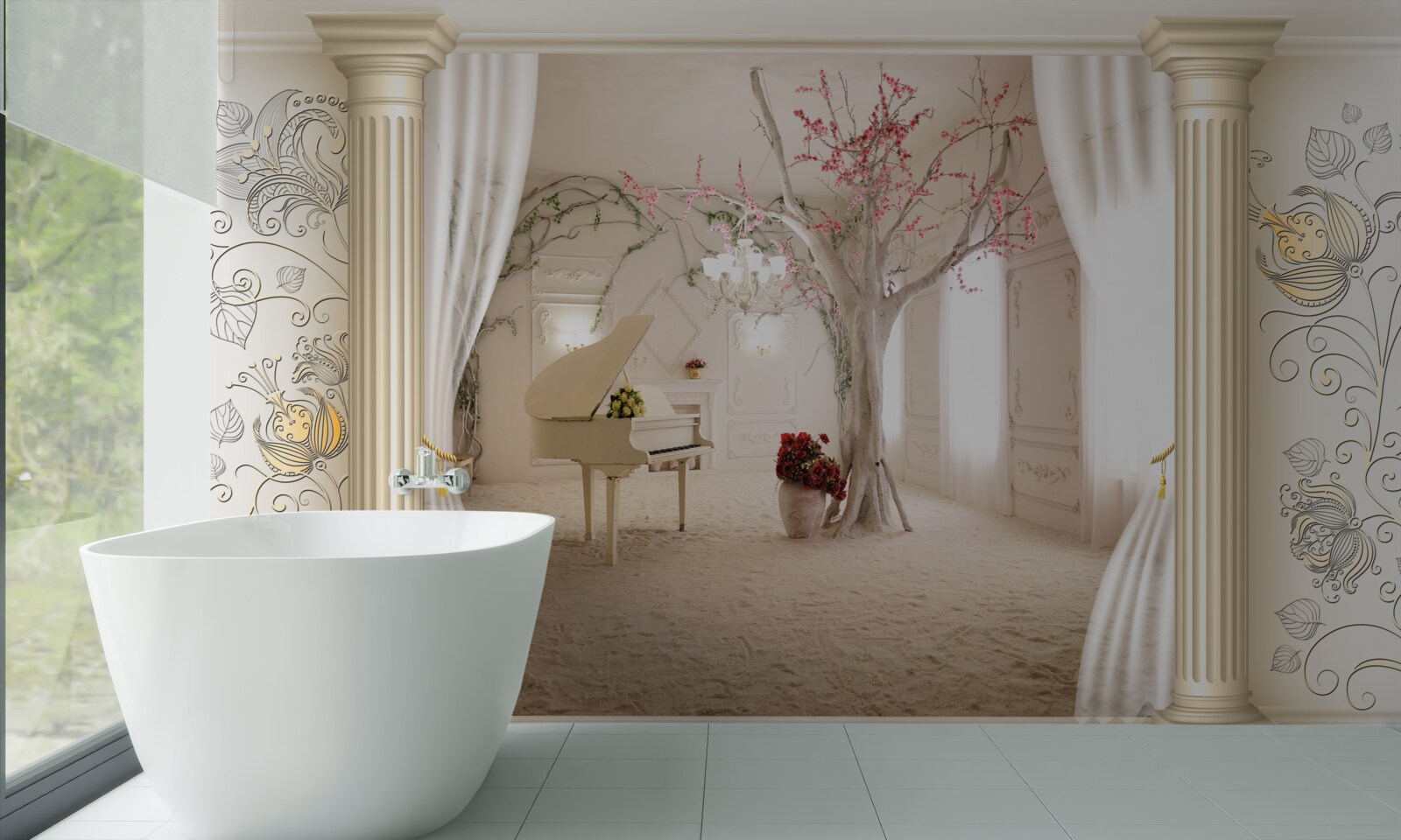 Papier peint salon confortable en bois véritable