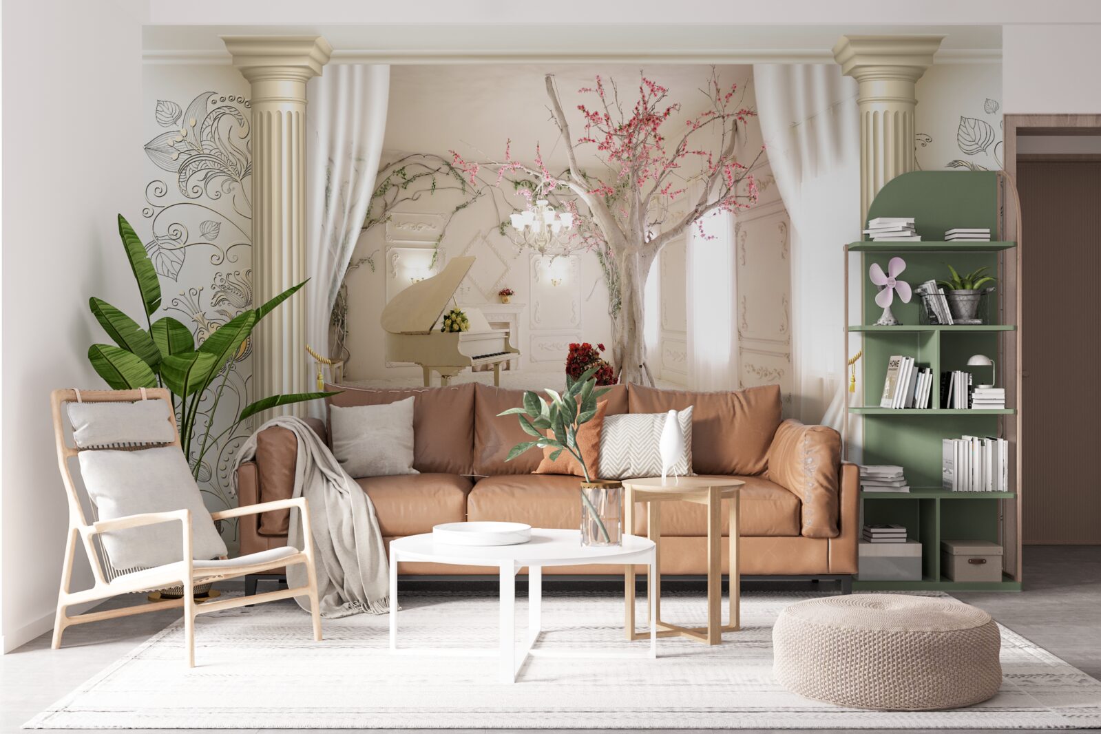 Papier peint salon confortable en bois véritable