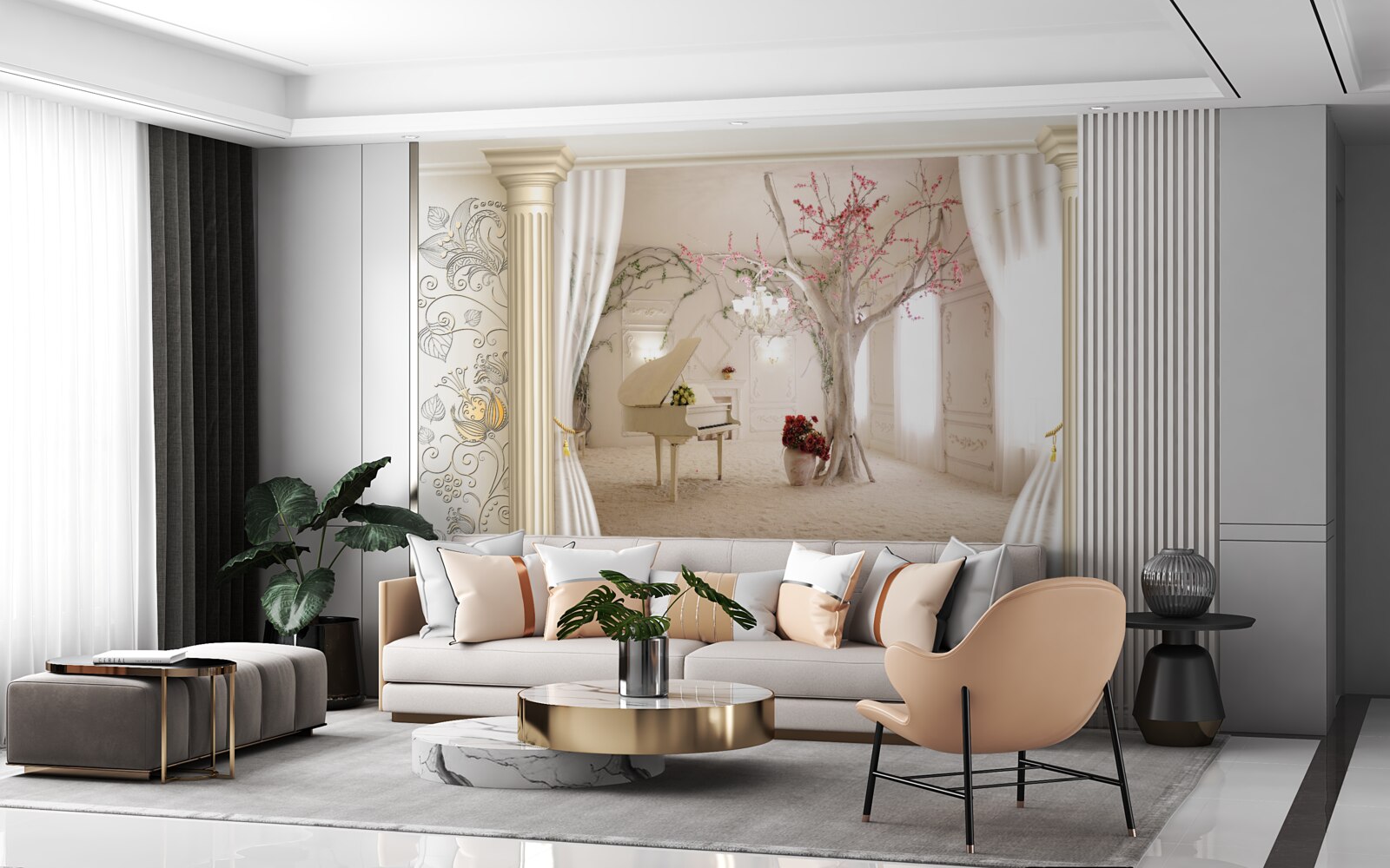 Papier peint salon confortable en bois véritable