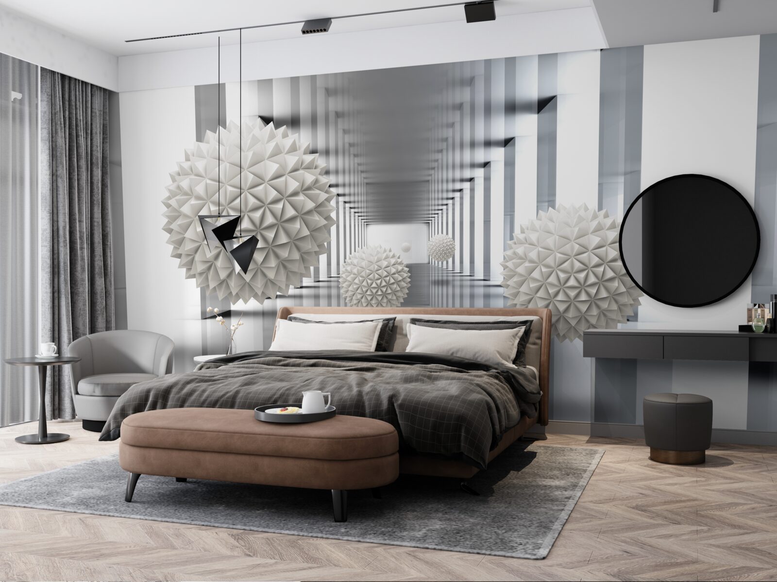 Papier peint tunnel de perspective, illuminé et décoré de ballons