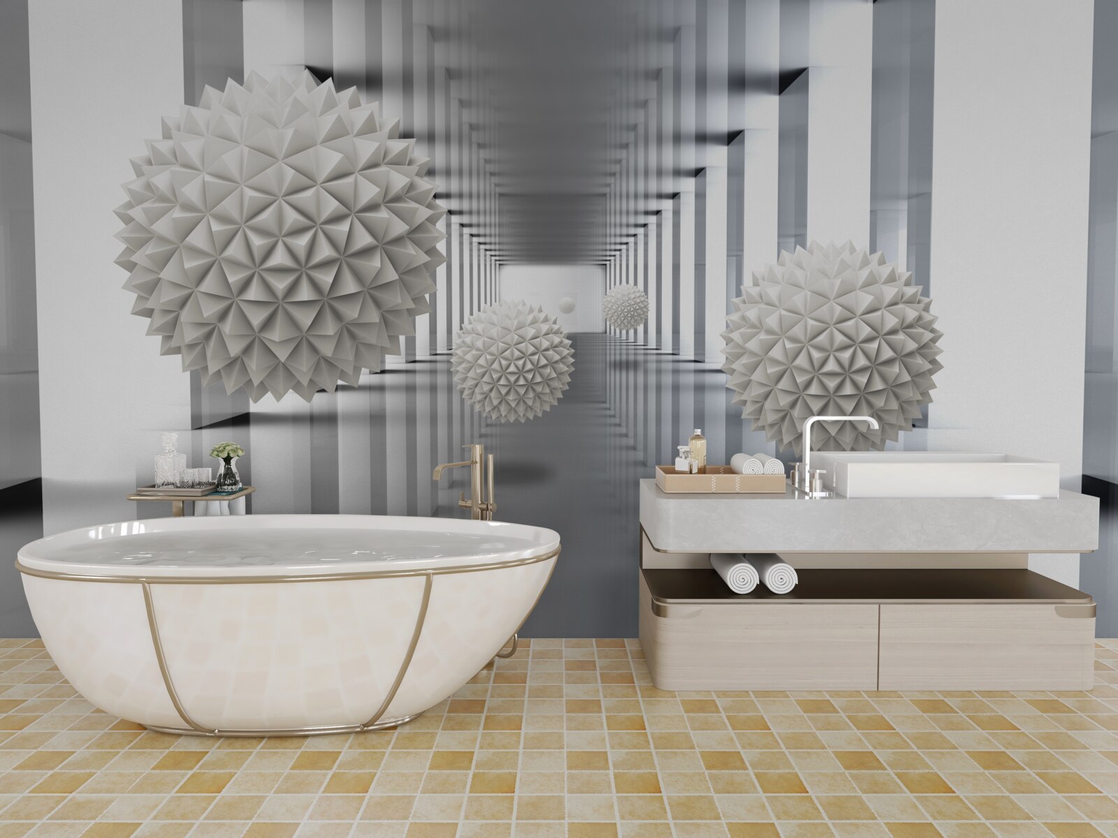 Papier peint tunnel de perspective, illuminé et décoré de ballons