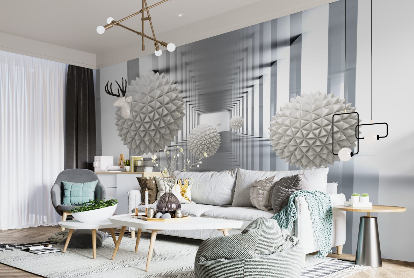 Papier peint tunnel de perspective, illuminé et décoré de ballons