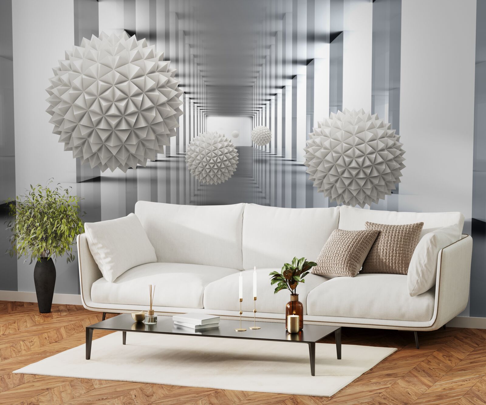 Papier peint tunnel de perspective, illuminé et décoré de ballons