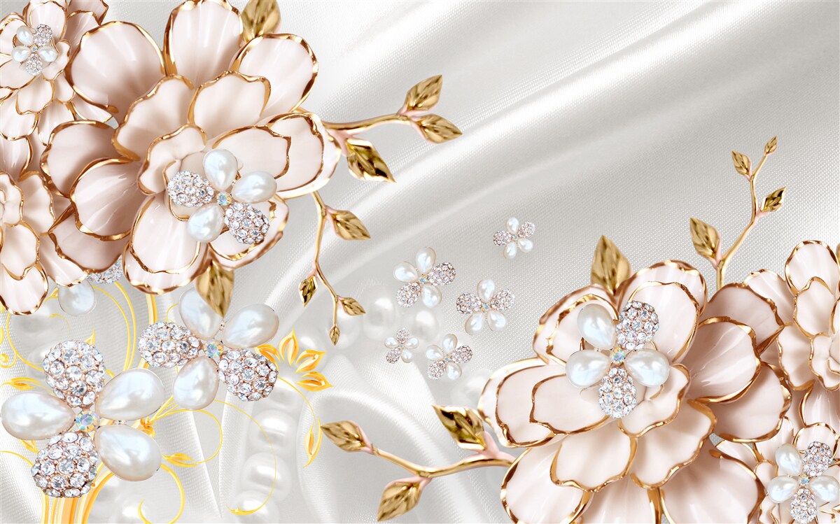 Papier peint des pivoines incrustées de perles dans des tons dorés