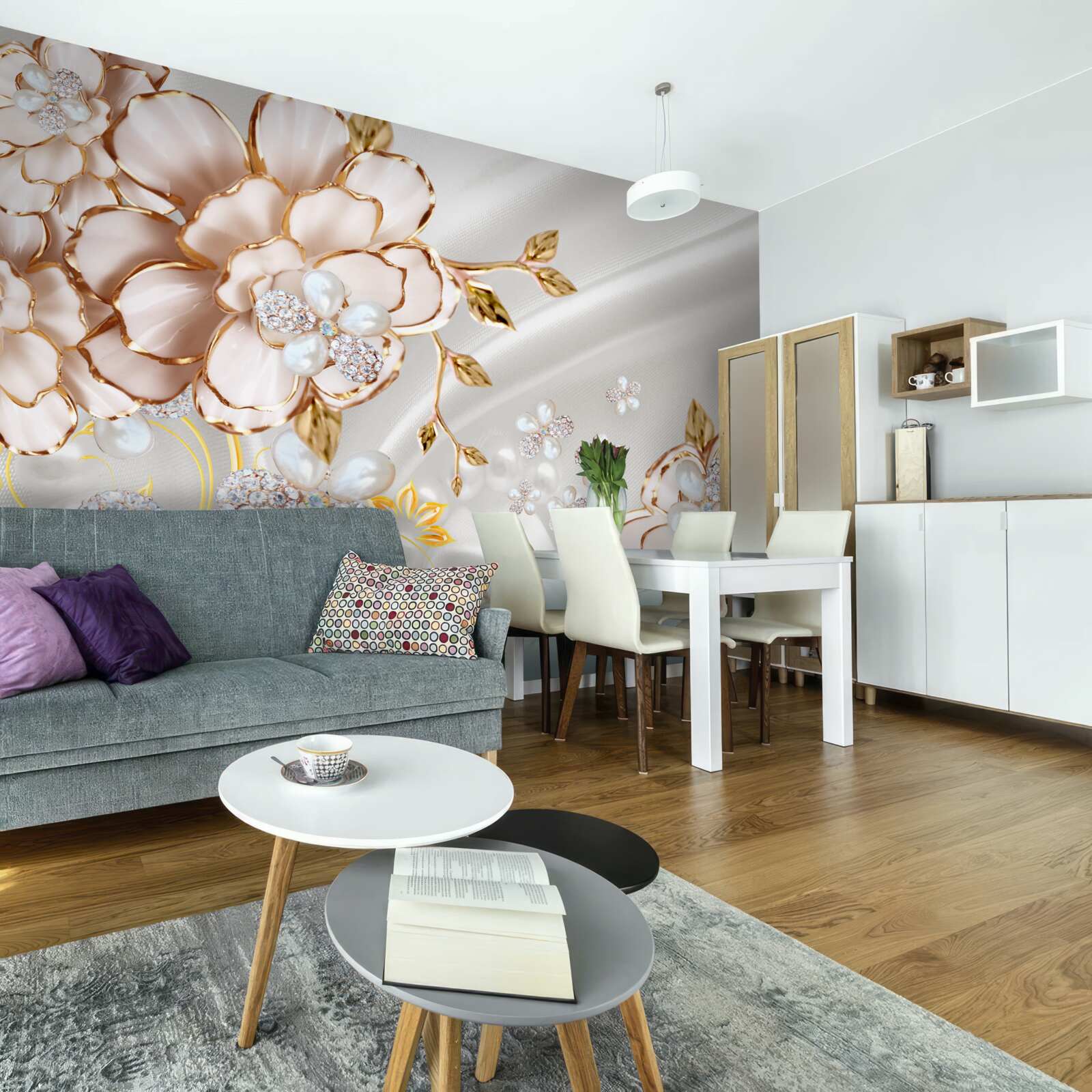 Papier peint des pivoines incrustées de perles dans des tons dorés