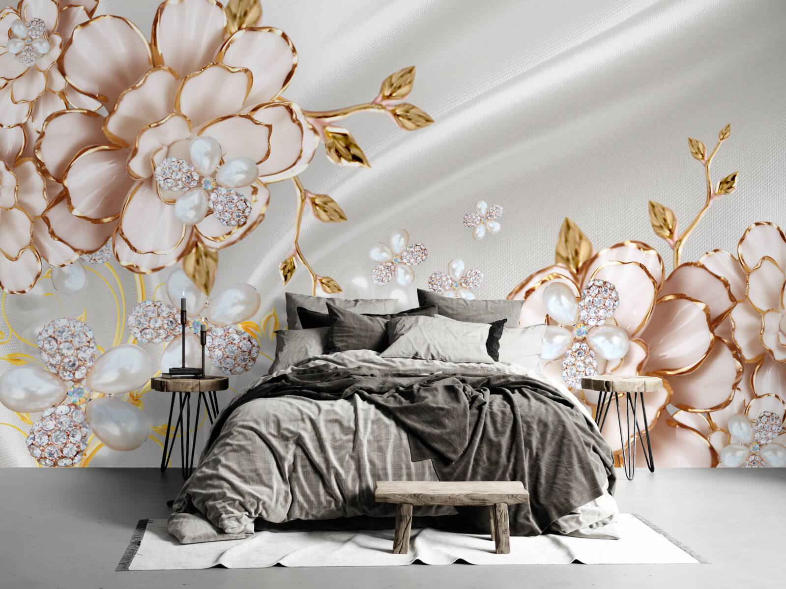 Papier peint des pivoines incrustées de perles dans des tons dorés