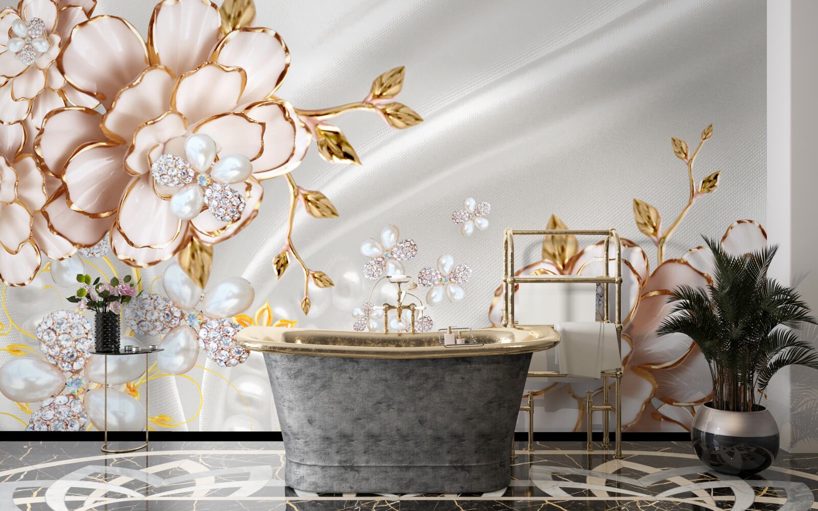 Papier peint des pivoines incrustées de perles dans des tons dorés