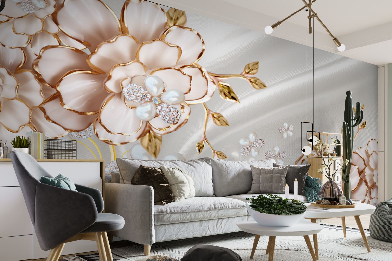 Papier peint des pivoines incrustées de perles dans des tons dorés